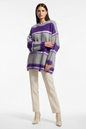 Mizalle Oversize Yumuşak Doklu Gri Mor Çizgili Triko Kazak