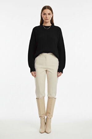 Mizalle Ekstra Oversize Düşük Kollu Selanik Örgü Siyah Kazak