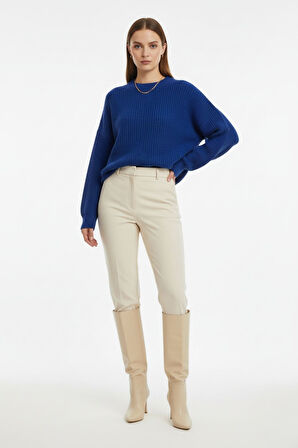 Mizalle Ekstra Oversize Düşük Kollu Selanik Örgü Saks Mavi Kazak