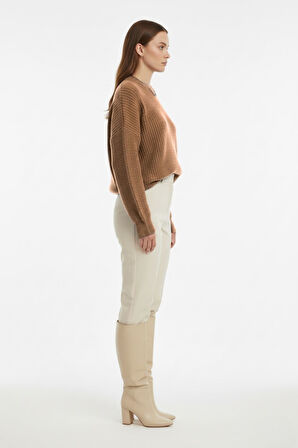 Mizalle Ekstra Oversize Düşük Kollu Selanik Örgü Camel Kazak