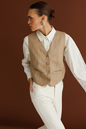 Mizalle Bej Rengi Saf Keten Yelek