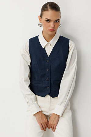 Mizalle Lacivert Saf Keten Yelek