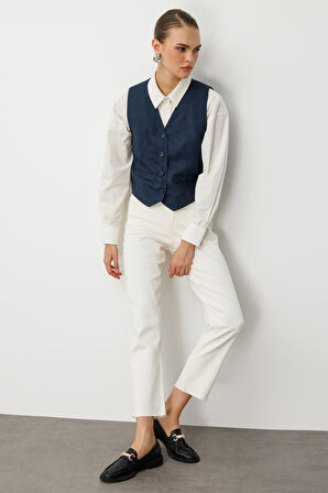 Mizalle Lacivert Saf Keten Yelek