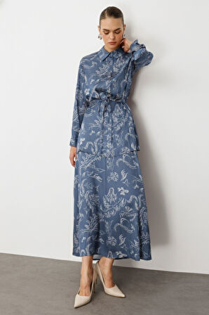 Mizalle Mavi Desenli Kuşaklı Saten Uzun Gömlek Tunik