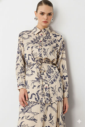 Beyaz Mizalle Ekru Desenli Kuşaklı Saten Uzun Gömlek Tunik