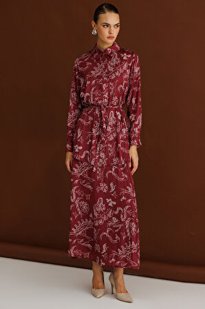 Mizalle Bordo Desenli Kuşaklı Saten Uzun Gömlek Tunik