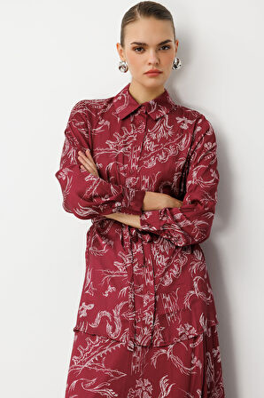 Mizalle Bordo Desenli Kuşaklı Saten Uzun Gömlek Tunik