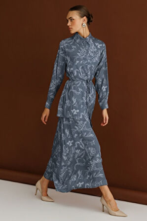 Mizalle Mavi Desenli Evaze Uzun Saten Etek