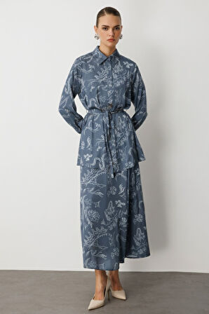 Mizalle Mavi Desenli Evaze Uzun Saten Etek