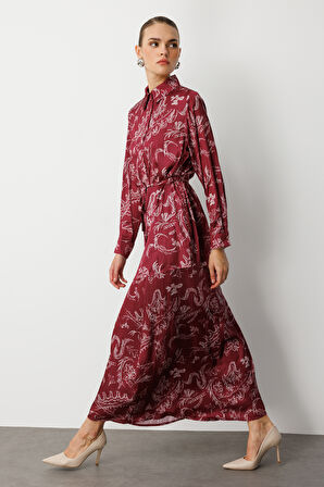 Mizalle Bordo Desenli Evaze Uzun Saten Etek