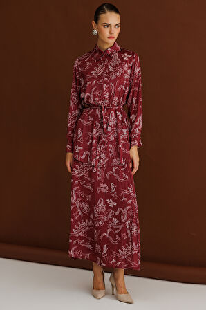 Mizalle Bordo Desenli Evaze Uzun Saten Etek