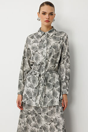 Mizalle Haki Yeşil  Yaprak Desenli ip kuşaklı Tunik Gömlek