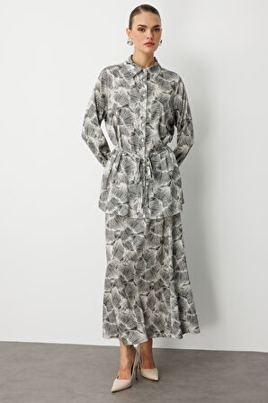 Mizalle Haki Yeşil  Yaprak Desenli ip kuşaklı Tunik Gömlek