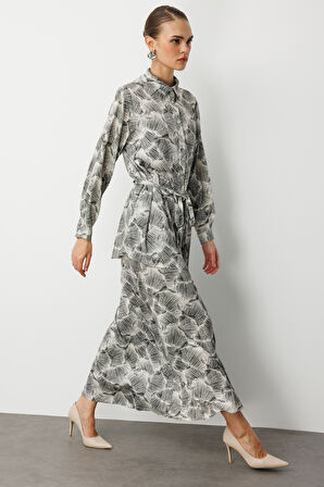 Mizalle Haki Yeşil  Yaprak Desenli ip kuşaklı Tunik Gömlek