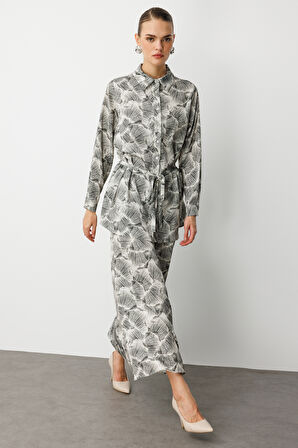 Mizalle Haki Yeşil  Yaprak Desenli ip kuşaklı Tunik Gömlek