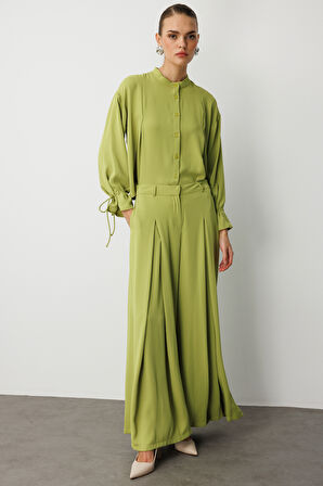 F.yeşili Mizalle Geniş Pileli Bol Kesim Şifon Yeşil Pantolon