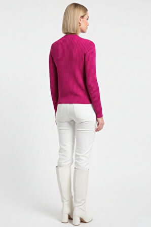 Pembe Mizalle Metal Düğmeli Yuvarlak Yaka Kaşkorse Fuşya Hırka