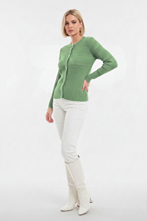 Mizalle Metal Düğmeli Yuvarlak Yaka Kaşkorse Mint Hırka