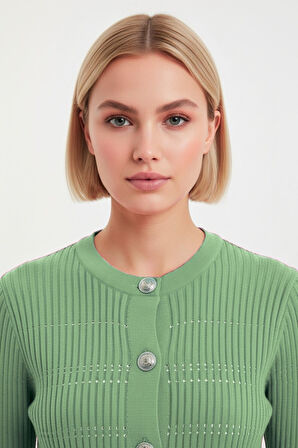 Mizalle Metal Düğmeli Yuvarlak Yaka Kaşkorse Mint Hırka