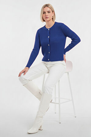 Mizalle Metal Düğmeli Yuvarlak Yaka Kaşkorse Saks Mavi Hırka