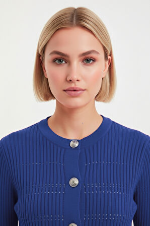 Mizalle Metal Düğmeli Yuvarlak Yaka Kaşkorse Saks Mavi Hırka