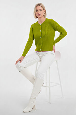 F.yeşil Mizalle Metal Düğmeli Yuvarlak Yaka Kaşkorse Fıstık Yeşili H