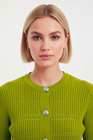F.yeşil Mizalle Metal Düğmeli Yuvarlak Yaka Kaşkorse Fıstık Yeşili H