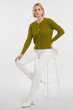 Mizalle Metal Düğmeli Yuvarlak Yaka Kaşkorse Haki Hırka