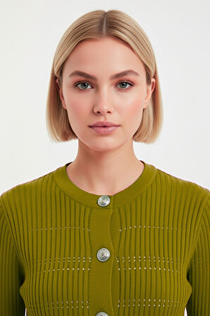 Mizalle Metal Düğmeli Yuvarlak Yaka Kaşkorse Haki Hırka