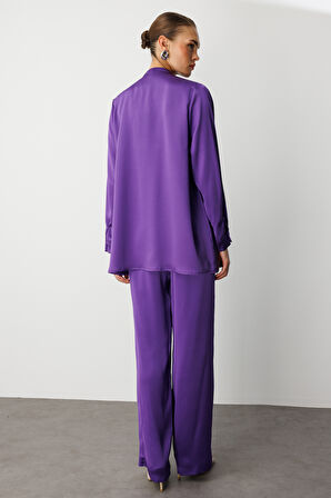Mizalle Uzun Fular Detaylı Mor Saten Şık Bluz
