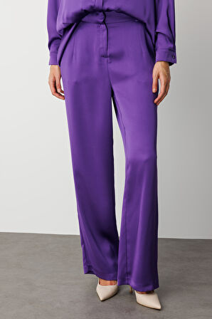 Mizalle Geniş Paça Mor Saten Şık Pantolon