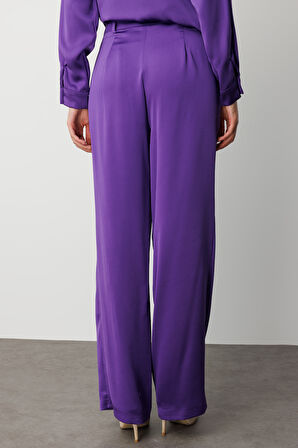 Mizalle Geniş Paça Mor Saten Şık Pantolon
