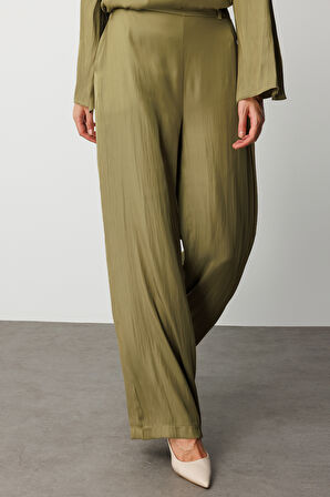 Haki Mizalle Geniş Paçalı Saten Şık Yeşil Pantolon