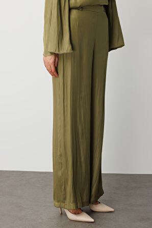 Haki Mizalle Geniş Paçalı Saten Şık Yeşil Pantolon