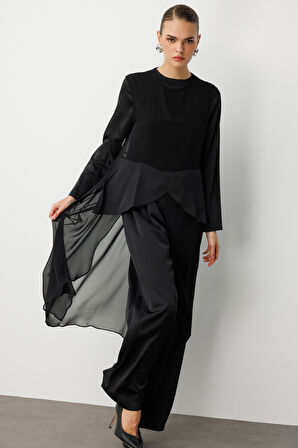 Mizalle Şifon Detaylı Uzun Saten Şık Siyah Tulum