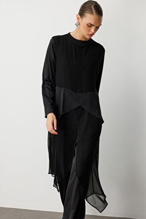 Mizalle Şifon Detaylı Uzun Saten Şık Siyah Tulum