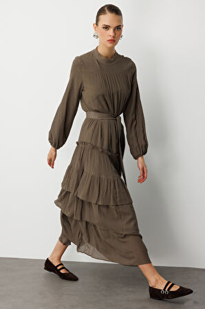 Mizalle Kat Pileli Maksi Haki Elbise