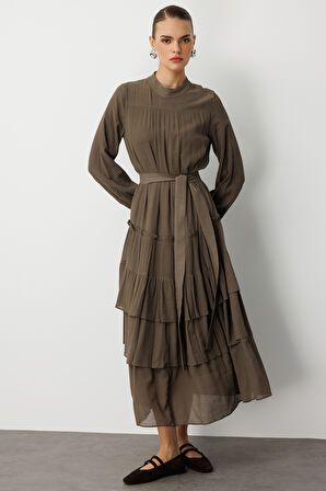 Mizalle Kat Pileli Maksi Haki Elbise