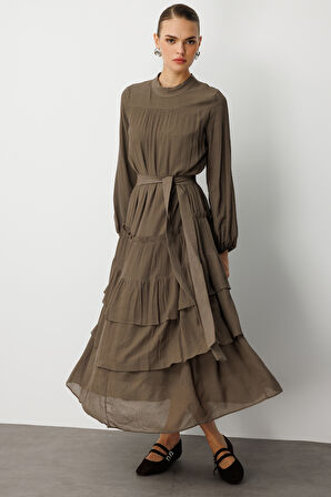 Mizalle Kat Pileli Maksi Haki Elbise