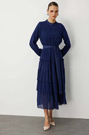 Mizalle Kat Pileli Maksi Lacivert  Elbise