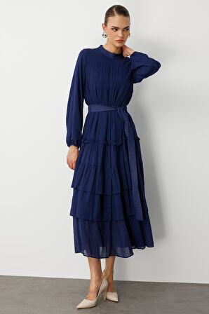 Mizalle Kat Pileli Maksi Lacivert  Elbise