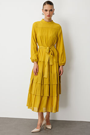 Hardal Mizalle Kat Pileli Maksi Koyu Sarı Elbise