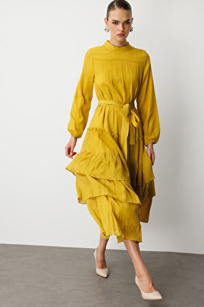 Hardal Mizalle Kat Pileli Maksi Koyu Sarı Elbise