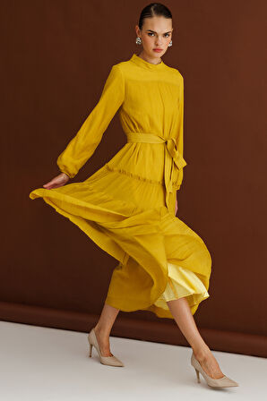 Hardal Mizalle Kat Pileli Maksi Koyu Sarı Elbise