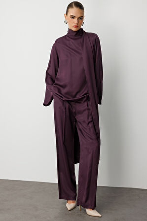 Mizalle Fular Detaylı Saten Bordo Tasarım Bluz