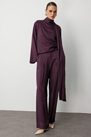 Mizalle Pilise Detaylı Bordo Saten Dökümlü Pantolon