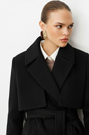 Mizalle Yünlü Kaşe Dokulu Siyah  Uzun Trençkot Kaban