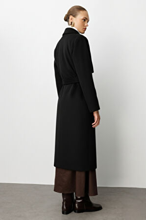 Mizalle Yünlü Kaşe Dokulu Siyah  Uzun Trençkot Kaban