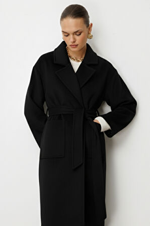 Mizalle Yünlü Kaşe Doku Torba Cepli Basic Siyah Kaban