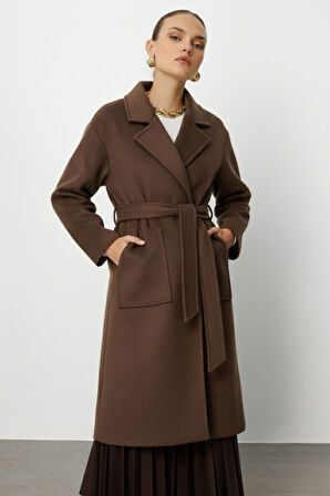 Mizalle Yünlü Kaşe Doku Torba Cepli Basic Kahverengi Kaban